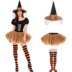 Zando Halloween Witch Costume Women - 3 Pcs With Witch Hat, Tutu, And Striped Thigh High Socks Set for Adult Party (L)