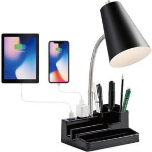 HonoDing E26 Desk Lamp with 1 USB Charging Port and 1 AC Outlet, Organizer Base, Adjustable Neck, On/Off Switch, Modern Table Lamp for Reading, Working, Studying(Black)