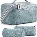BOYATU Travel Makeup Bags Cosmetic Organizer Bag: 3 Pcs Set Large Capacity Floral Make up Bag with Compartments - Waterproof Leather Toiletry Bags with Handle for Women (01-Light Blue)