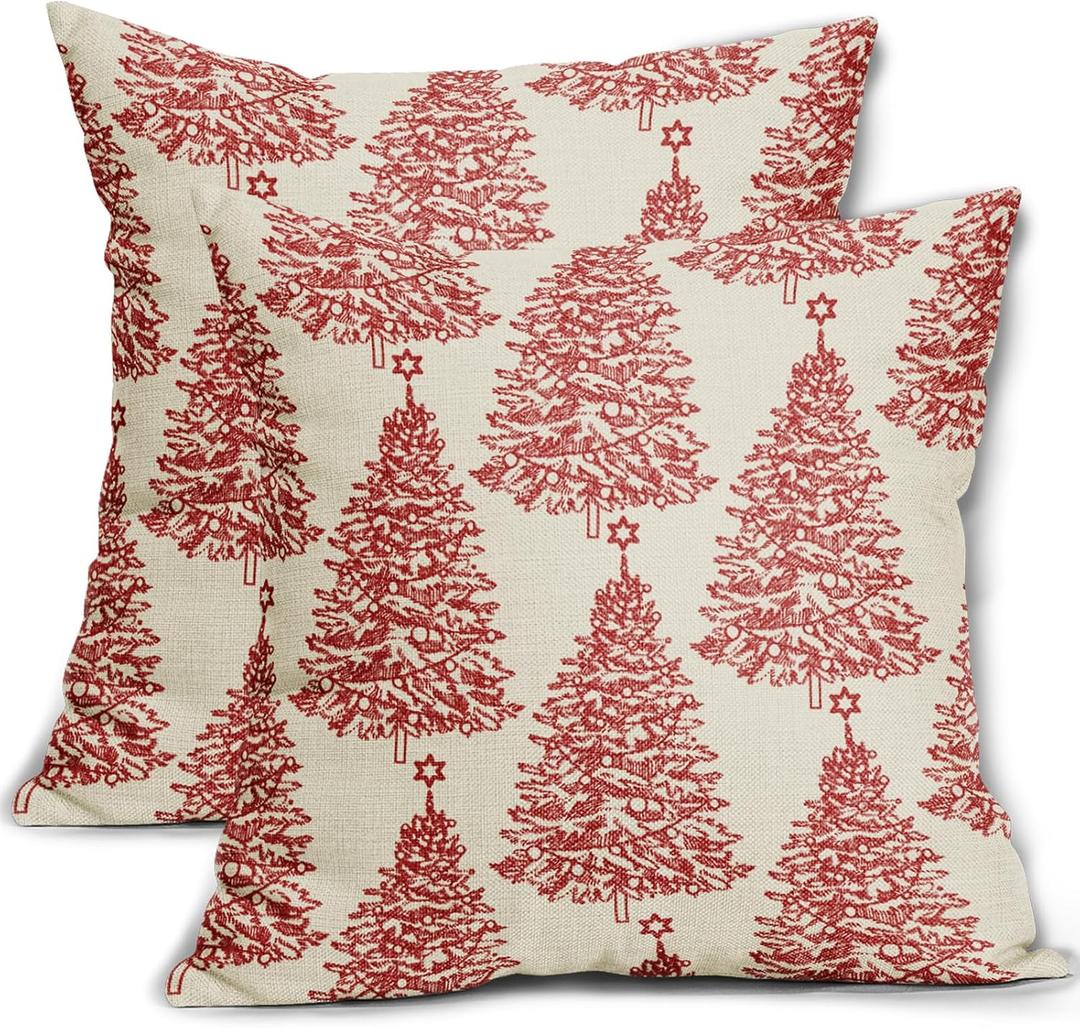 Christmas Tree Pillow Covers 18x18 Set of 2 Red Rustic Vintage Decorative Throw Pillowcases for Home, Living Room, Bedroom, Sofa, Couch, Bed, Chair, Stool, Porch, Office, Cafe, Car