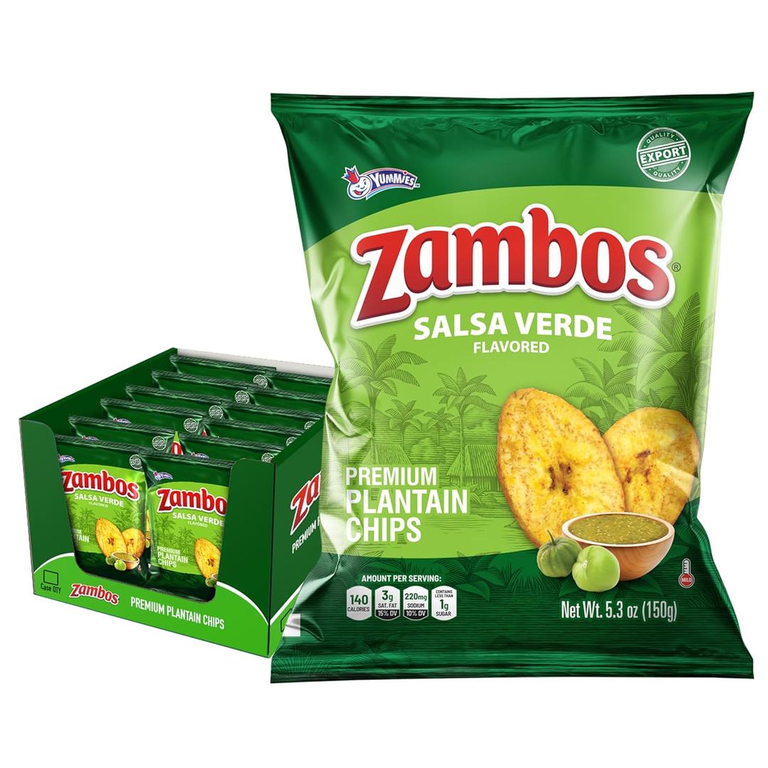 Zambos Salsa Verde Plantain Chips, 5.29 oz – Crunchy Snack, Gluten Free – Bold Chili Lime Flavor – (Pack of 12) BEST BY MARCH 23 2026