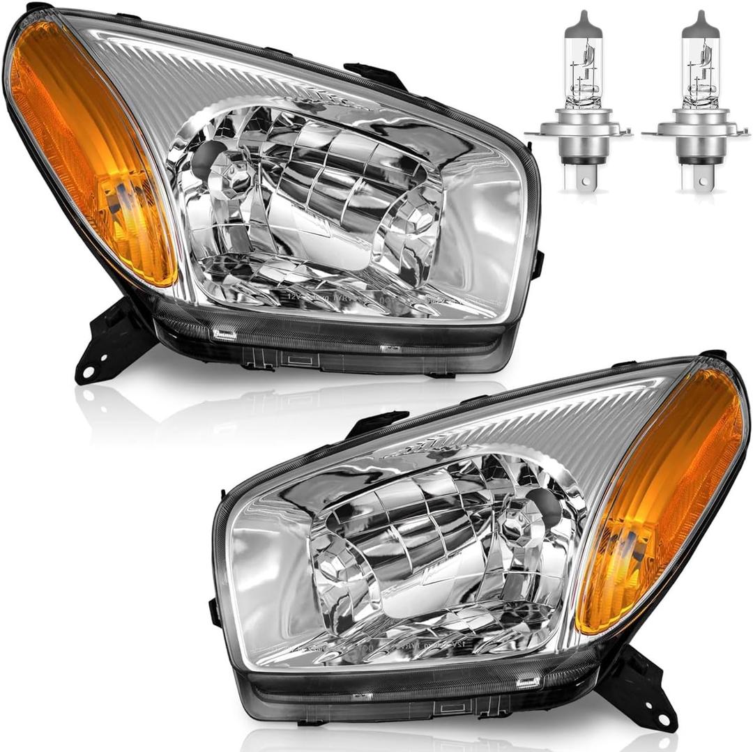 Headlights with High/Low Beam Bulbs for 2001-2002 2003 Toyota RAV4 | Halogen Headlights Assembly for 2001-2002 2003 Toyota RAV4 Base Sport Utility 4-Door, Chrome Housing, Driver & Passenger Side