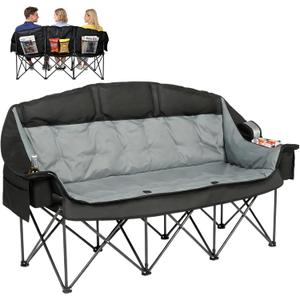 3 Person Camping Chair for Adults Folding Double Camping Chair Oversized Heavy Duty Camping Loveseat with Cup Holders & Carry Bag, Portable Outdoor Lawn Chair for Camping, Beach, Backyard Black & Grey