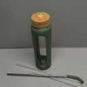 32oz Glass Water Bottle with Straw and 2 Lids-Bamboo and Spout Lid, Borosilicate Glass Water Bottle with Silicone Sleeve and Time Marker,BPA Free & Cupholder Friendly,Olive