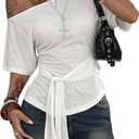 Floerns Women's Going Out Off The Shoulder T Shirts Tie Front Short Sleeve Hanky Hem Casual Tee Tops (White, S)