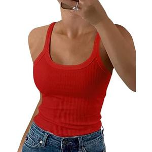 GEMBERA Women Spaghetti Strap Scoop Neck Ribbed Tank Tops Slim Fitted Cotton Camisole Basic Sleeveless Layering Shirts M