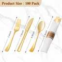 100 Pack Pre Rolled Gold Plastic Silverware Set, Disposable Wrapped Cutlery Set with 100 Napkins, 100 Knives, 100 Forks and 100 Spoons for Party, Birthday
