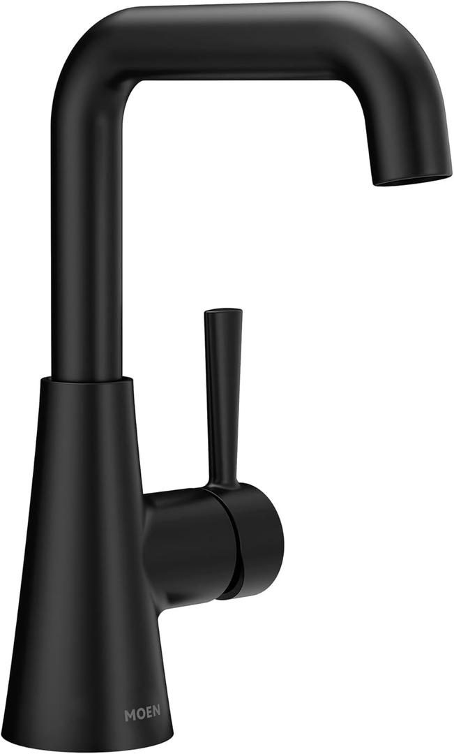 Moen Ronan Matte Black Double Bend Single Hole Modern Bathroom Sink Faucet with Optional Deckplate and Spring Loaded Drain Assembly, 84024BL