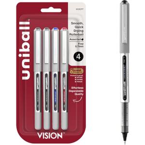 uniball Vision Rollerball Pens, Fine Point (0.7mm), Assorted Colors, 4 Pack