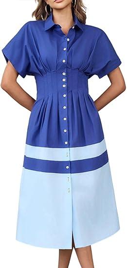 Wenrine Womens Summer Button Down Shirt Dress Casual Color Block V Neck Short Sleeve Corset Maxi Dresses, Size M, Royal Blue