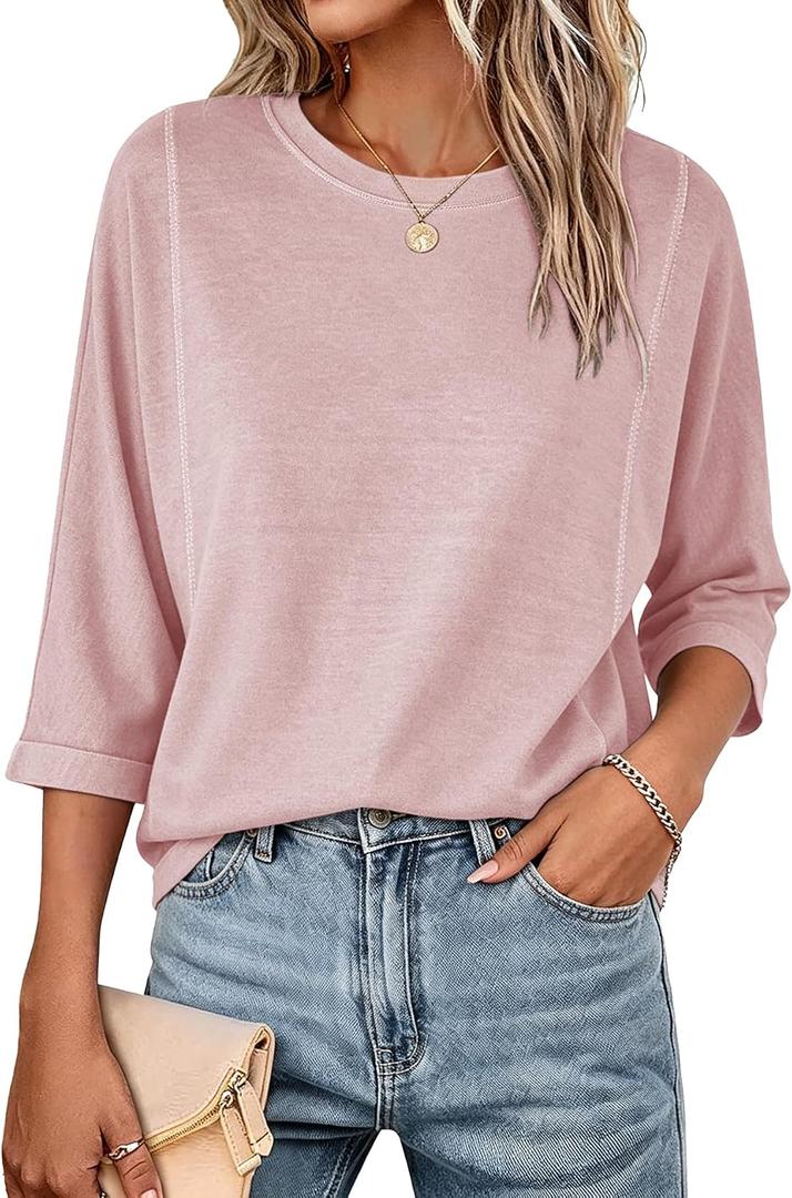 Fanway&EC Women's Casual Summer Tops 3/4 Sleeve Crew Neck T Shirts Loose Fit Tunic Blouses Tee (Pink, XL)