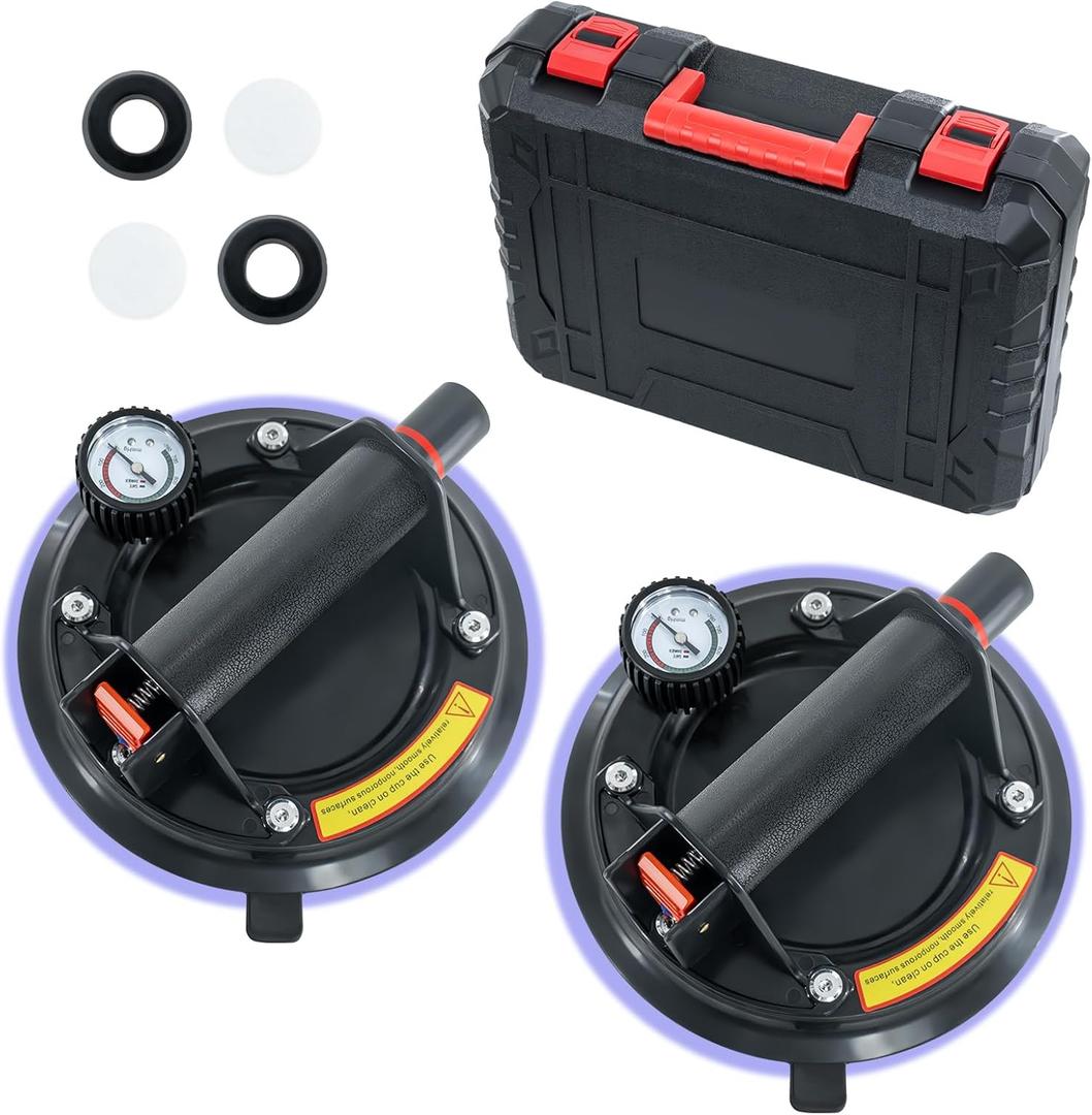 BaoNeedy 2 Pack 8 Inch Glass Suction Cups to Lift Large Glass, 480lbs Load Capacity Window Suction Cup with Pressure Gauge, Heavy Duty Handheld Lifter for Granite, Windshield, Tile, Window