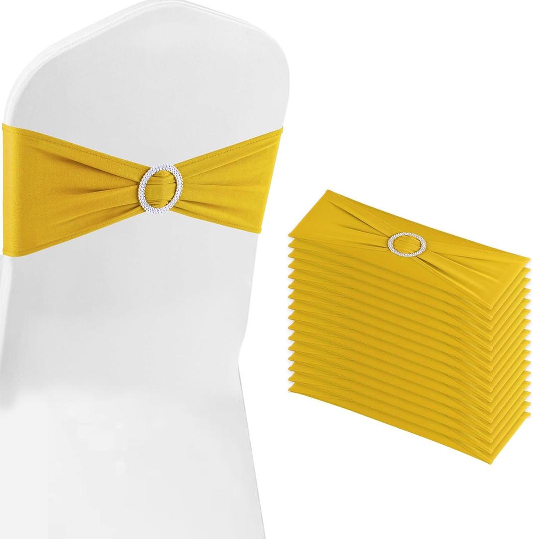Gold Chair Sashes 25 Pack Spandex Stretch Chair Band Sashes with Buckles for Folding Chairs Wedding Party Reception Baby Shower Events Banquet Decorations