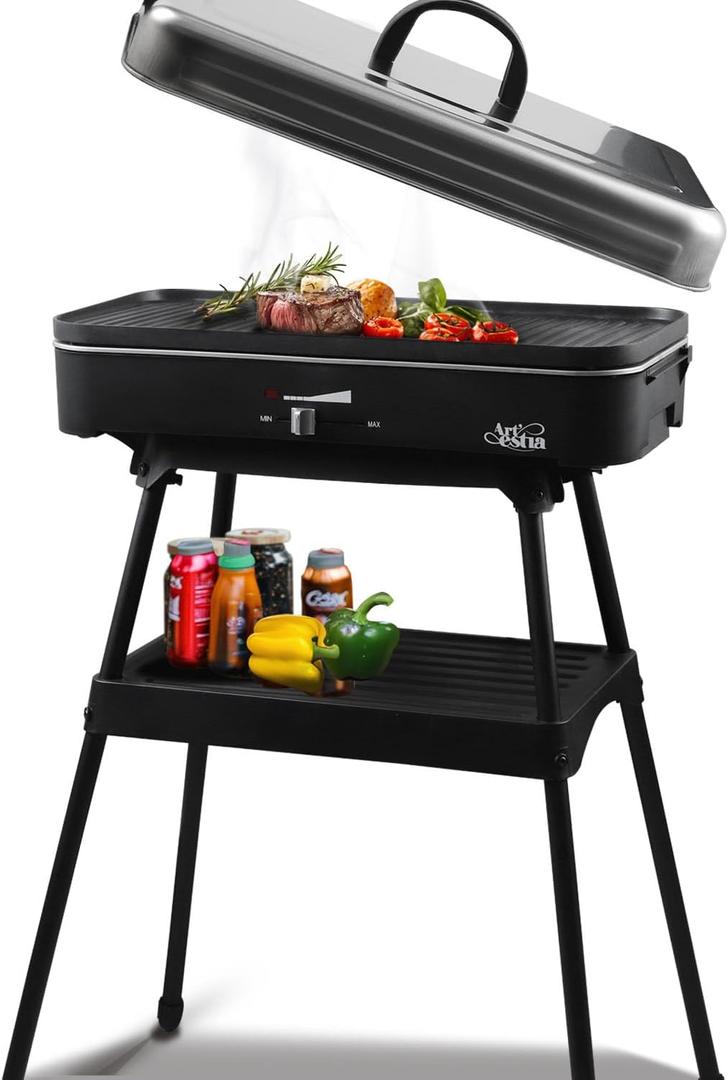 Upgrade Version - Artestia 1800W Electric Outdoor Grill with Lid Indoor Smokeless BBQ Grills with Temperature Control Portable Removable Stand Grill for Cooking, BBQ Party, Family