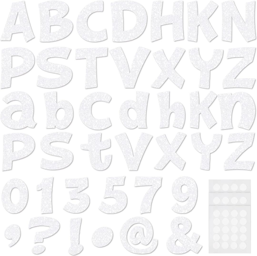 Colarr 216 Pcs Glitter Bulletin Board Letters for Classroom Number Alphabet Punctuation Symbol Cutout 4'' Die-Cut Poster Letter with Adhesive Dot School Party Holiday Decor Display(Iridescence White)