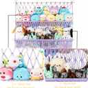 2 Tier Stuffed Animal Storage Shelf Net, 35x30'' Large Plushie Net w/ 2.4/1'' Dense Mesh for Mini Medium Stuffy Teddy, Purple Boho Macrame Toy Holder Display w/ Lights&Clips for Nursery Kid Girl Boy, Large-2 Tier-35'' Width