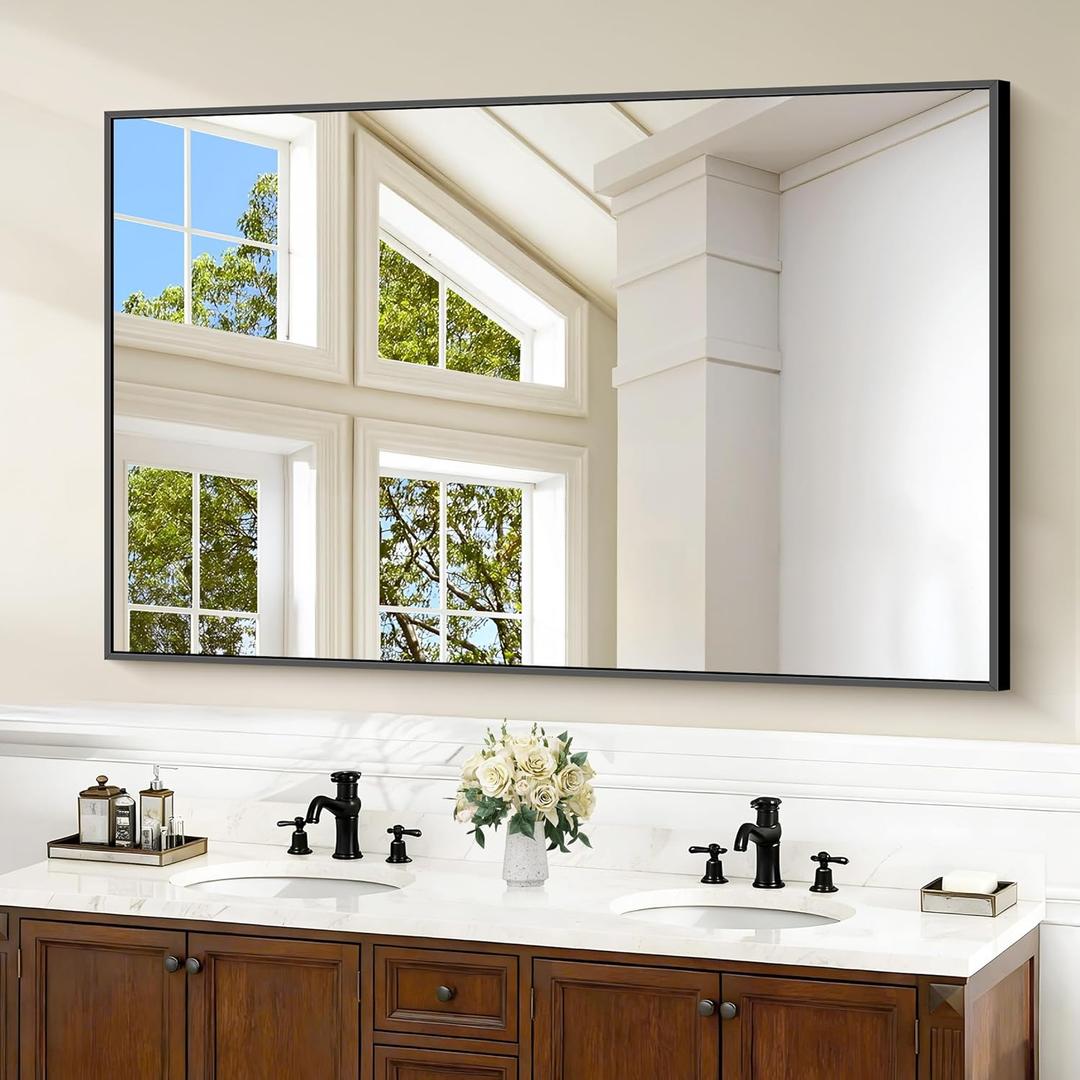 Bathroom Black Mirror, 36x55in Black Rectangle Mirror with Thin Metal Frame, Large Rectangular Wall Mirror for Bathroom, Living Room, Hair Salon, Big Farmhouse Mirror Hang Horizontal/Vertical