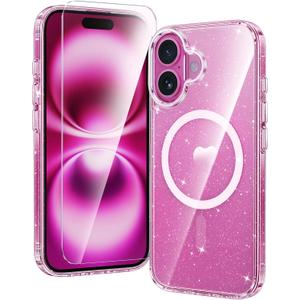 FNTCASE for iPhone 16 Case Clear: Magnetic Phone Cases Compatible with Magsafe Slim Anti Yellowing Military Grade Drop Protection Rugged Protective Transparent Cell Cover (B-Glitter Magnetic)