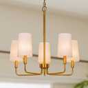 Chandelier, Brass Gold with White Fabric Shade, 5-Light Modern Farmhouse Hanging Pendant Lighting Fixture for Bedroom, Kitchen Island, Living & Dining Room (Brass Gold & White Shades)