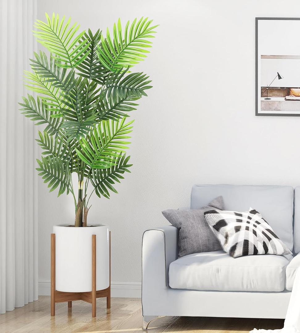 4 ft Artificial Palm Tree with 18 Trunks- Fake Palm Tree Fake Tropical Paradise Palm Tree in Pot with Real Bark Design and Adjustable Branches, Faux Palm Plant for Indoor Home Office Modern Decor