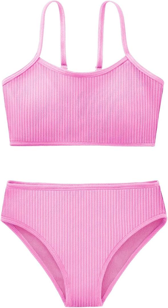 Girl's 2 Piece Swimsuit Solid Spaghetti Strap Bikini Sets Beach Bathing Suit Swimwear for Teen Kids (13-14 Years, Deep Pink)