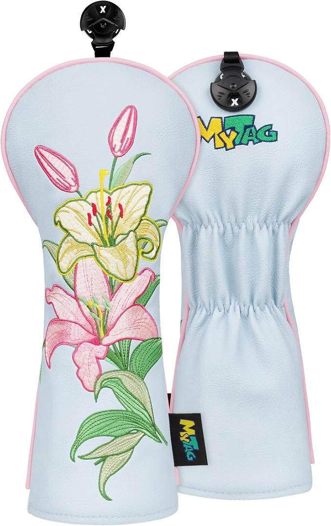 Lily Golf Head Covers, Cute Golf Club Head Cover for Girl Women | Heavy Embroidery, Premium Leather Durable & Wear-Resistant Headcover, Light Blue