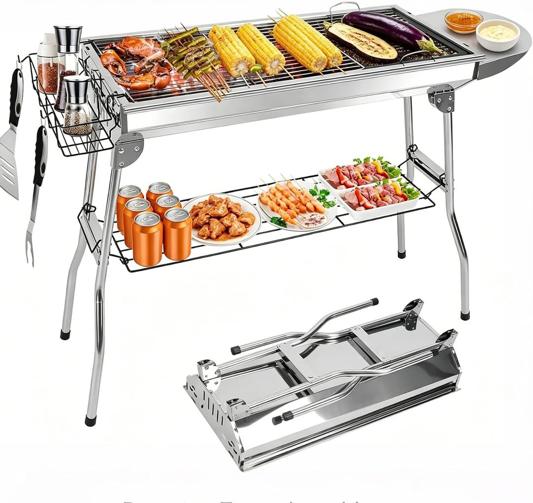 Charcoal Grills,Stainless Steel Folding Portable BBQ Grill Large Charcoal Grill for Garden Backyard Party Picnic Travel Outdoor Cooking Use With Non-Stick Frying Pan