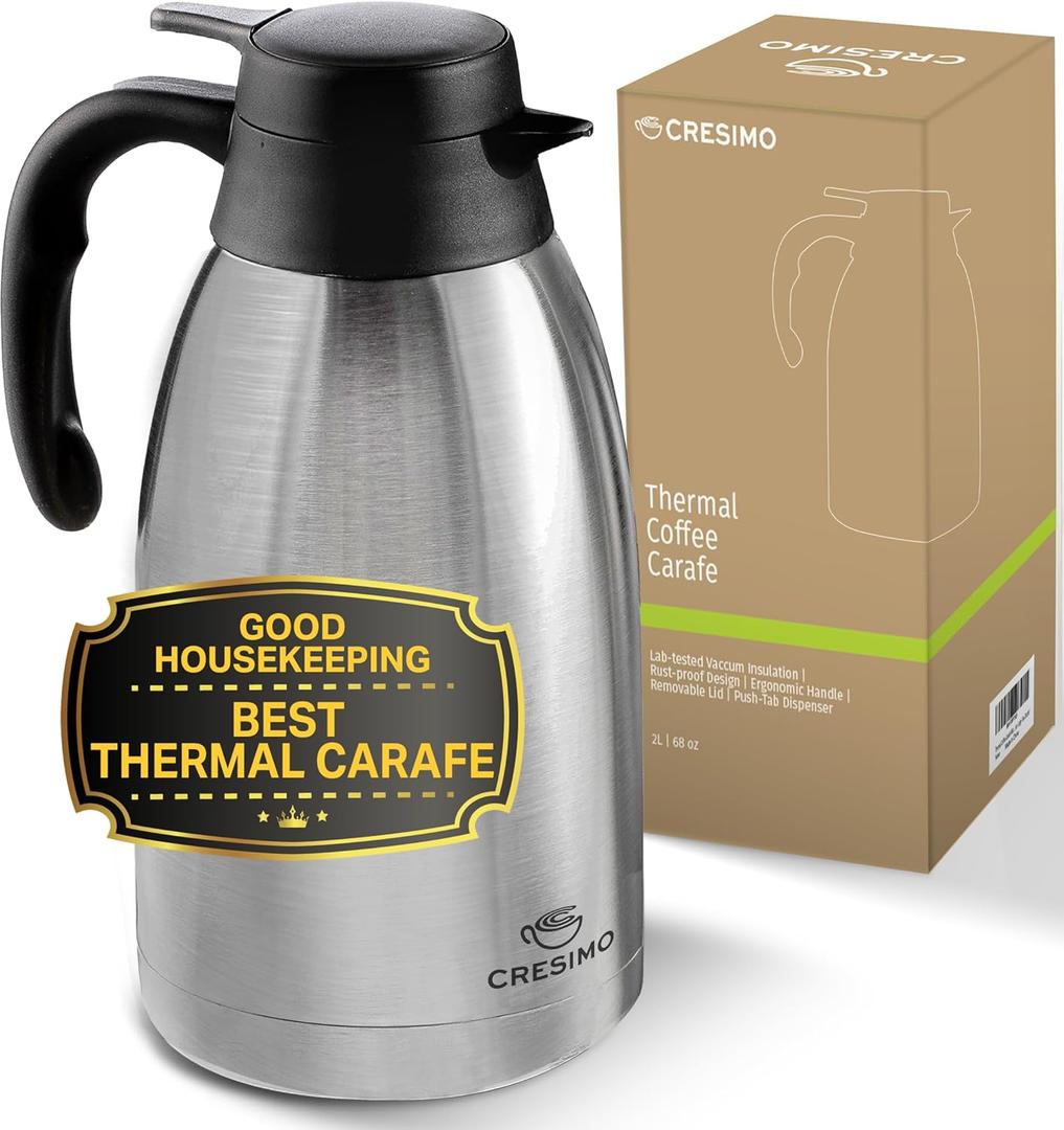 Cresimo Thermal Coffee Carafe 68oz / 2L - 12 Hours Hot Beverage Dispenser, Insulated Stainless Steel Carafe for Liquids, Coffee Carafes For Keeping Hot Water Dispenser for Parties - Large Tea Flask (Silver)