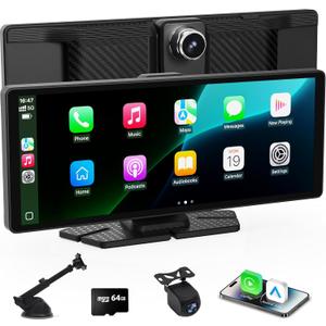 Carplay Screen for Car,10.26 inch Portable Car Play & Android Auto Touch Screen,4K Front & 1080P Rear Backup Camera Car Stereo,Loop Recording,GPS,Voice Control,Mirror Link,FM,AUX for All Vehicles