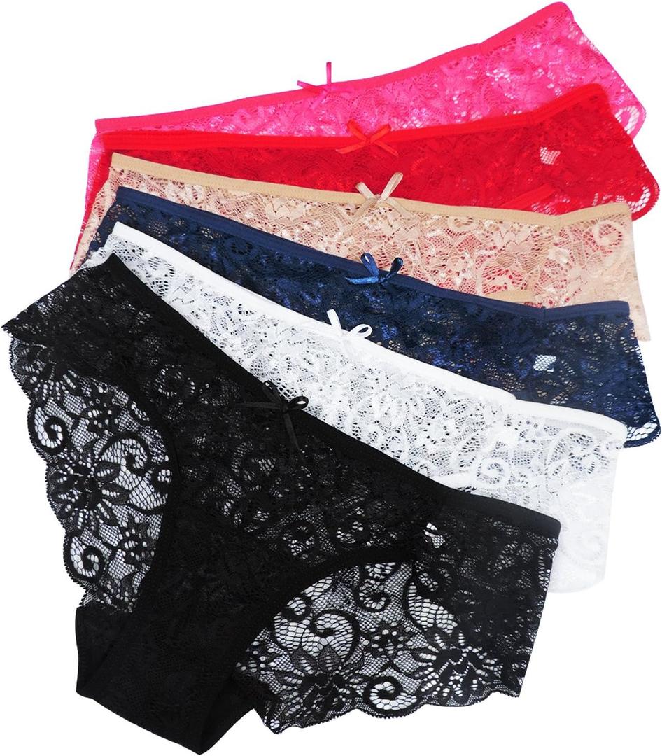 Sunm Boutique Sexy Underwear for Women, Cheeky Womens Lace Panties, Seamless Bikini for Ladies (6 Pack - Black/Blue/Red/Hot Pink/Nude/White)