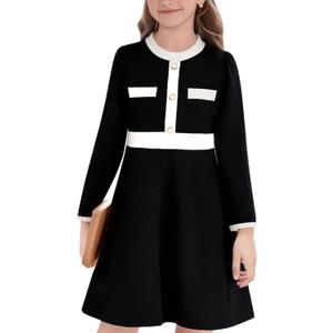 NIUSC Girls Sweater Fall Dress Long Sleeve Knit Button Color Block Winter Casual Party Dresses Black 5-6 Year