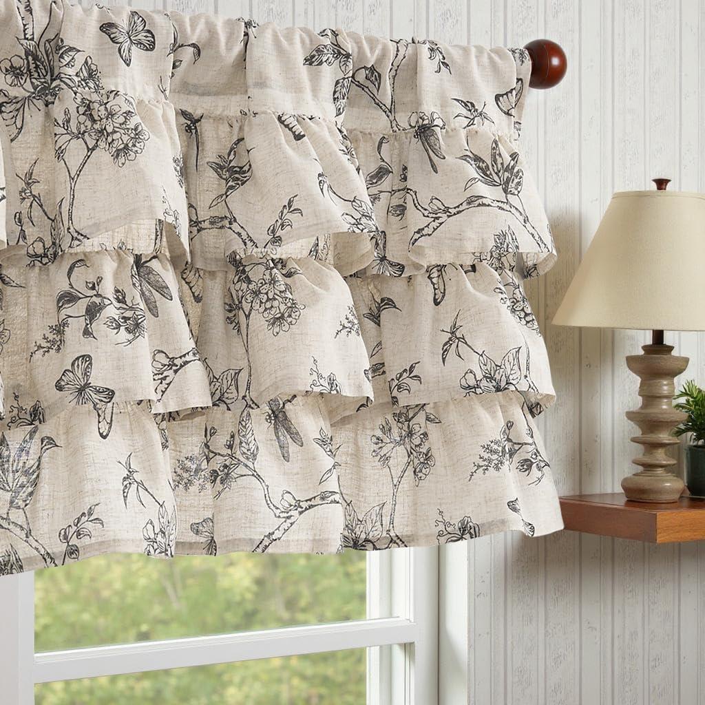 JINCHAN Ruffled Valance Curtain Linen Floral Kitchen Valance for Window 18 Inch Shabby Chic Small Window Treatment for Living Room Farmhouse Vintage Chic Style Light Filtering Rod Pocket 1 Panel Black (Butterfly | Black on Beige)