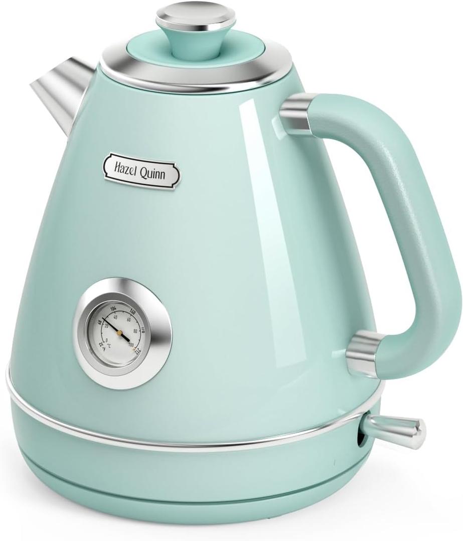 Hazel Quinn Electric Kettle Tea Kettle Electric Stainless Steel, Vintage Design, Fast Boiling, Hot Water with Thermometer, Automatic Shut-Off, Boil-Dry Protection, 1.7 L, Mint Green