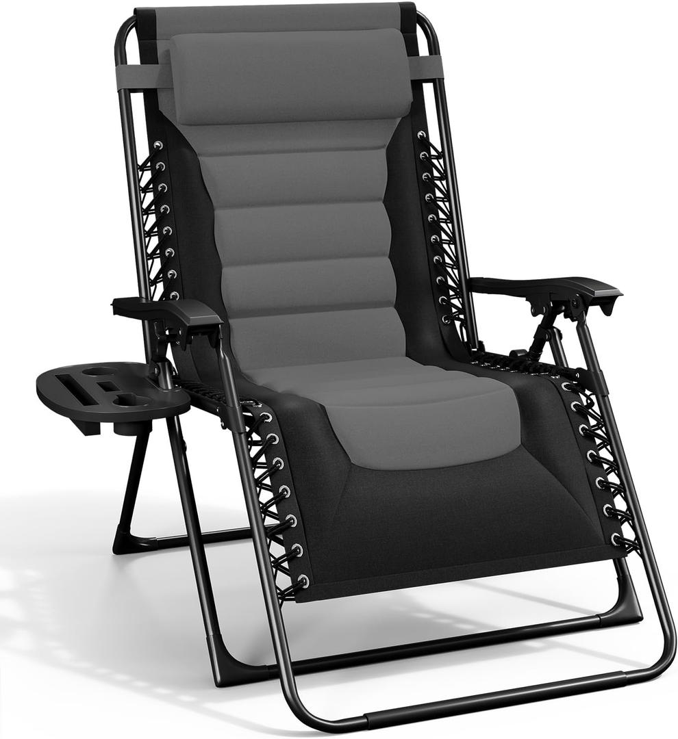 Nestl Outdoor Padded Zero Gravity Chair, Patio Lounge Chair Outdoor Recliner, Oversized Anti Gravity Lounger with Adjustable Headrest and Cup Holder, Foldable for Camping, Yard - Black/Grey (Set of 1)