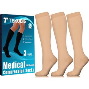 3 Pairs Medical Women Men Compression Socks Knee High 20-30 mmhg Graduated Stocking Support Hose Cute for Running Travel (NUDE)
