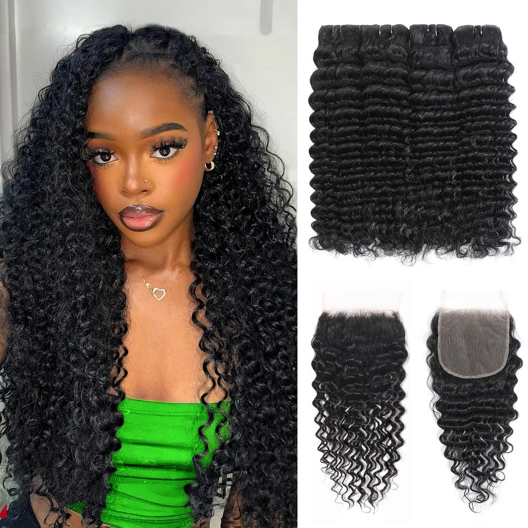 Deep Wave Human Hair Bundles with Closure 16 18 20 22+14 Inch 5x5 HD Lace Closure 15A Deep Curly 4 Bundles Human Hair More Full and Thick 100 Brazilian Virgin Wet and Wavy Water Wave Bundle Human Hair