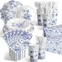 Dandat 402 Pcs Blue Floral Disposable Tableware Set Serve 50 Baby Shower Party Decoration Bridal Shower Party Supplies Plates Napkins Plastic Tablecloths for Wedding Birthday Decoration