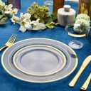 R-kay 100 Pack Clear Gold Plastic Plates - 6.25 IN Gold Rimmed Sturdy, Durable And Extra Heavy duty Gold Plastic Dessert Plates Disposable - Appetizer Plates Disposable For All Occasions