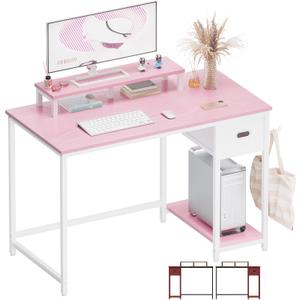 Pamray 39 Inch Computer Desk with Monitor Stand Small Home Office Desks with Non-Woven Storage Drawer for Bedroom Study Table Writing and Work Desk Pink