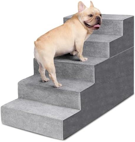 Dog Stairs for Small Dogs,5-Step Dog Steps for High Bed and Couch, High-Density Foam Pet Steps with Supporting Board, Non-Slip Removable Washable Cover, Grey (22.4'')