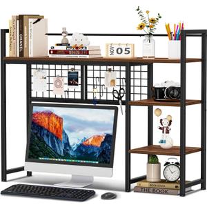 Snughome Desk Shelf, 38.6" Desktop Organizer Shelf, Desk Hutch for Computer Monitor, 4 Tier Desk Display Rack with Pegboard Hooks Set, Wood Desktop Bookshelf for Home Office Dorm (Rustic Brown)