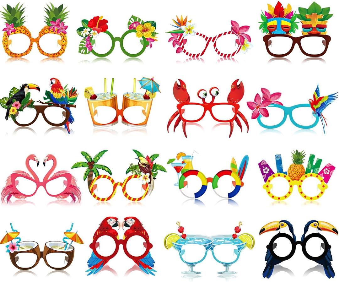 Vinsot 32 Pack Beach Pool Party Eyeglasses Decor Summer Luau Paper Glasses Bulk Hawaiian Sunglasses Frame Tropical Pool Props Photo Booth Props for Summer Beach Luau Party Favor Birthday Supply Decor