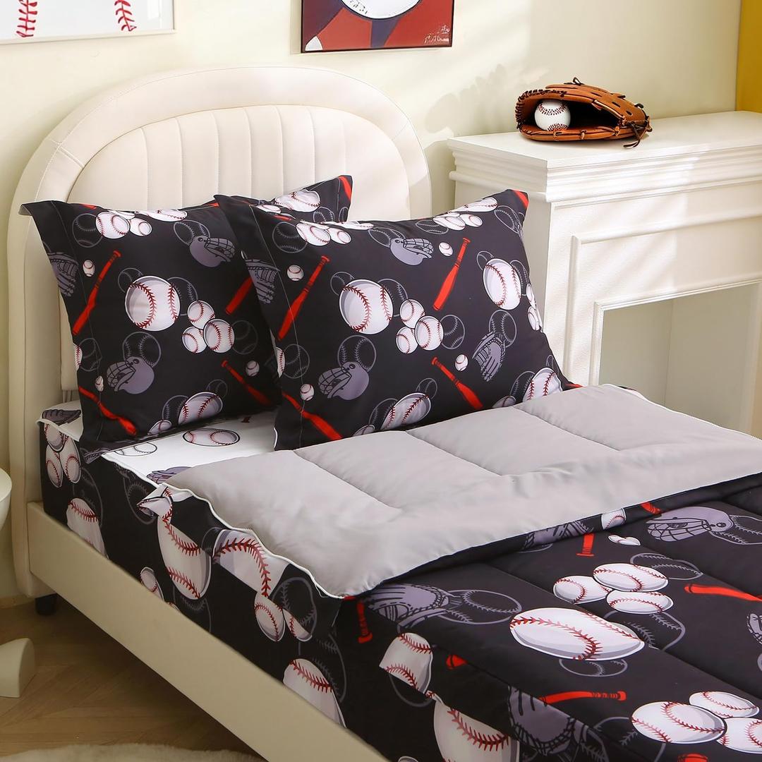 Boys Zipit Bedding Comforter Sets Baseball Zipper Bedding Set for Kids Black Sports Zip Up Bed Set for Children Bedroom Decor (Twin)