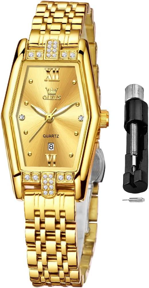 OLEVS Square Watches for Women Dress Analog Small Female Watch Stainless Steel Waterproof Luminous Two Tone Fashion Set Watch for Lady