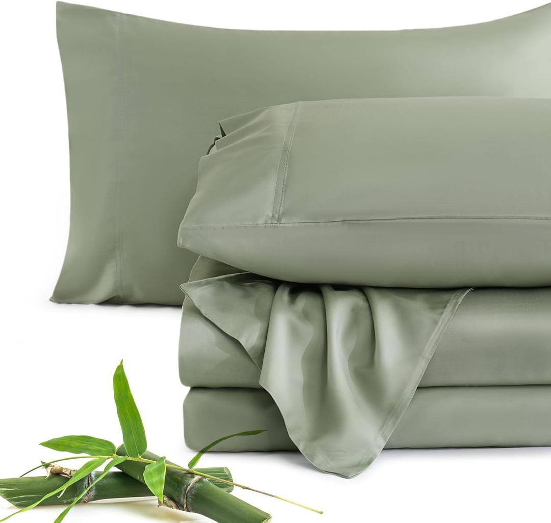 JSD Sage Green 100% Viscose Derived from Bamboo Sheet Set King, Cooling Sheets for Hot Sleepers, 300TC Sateen Weave, 16" Deep Pocket Corner Straps, Soft Silky Breathable Hotel Quality