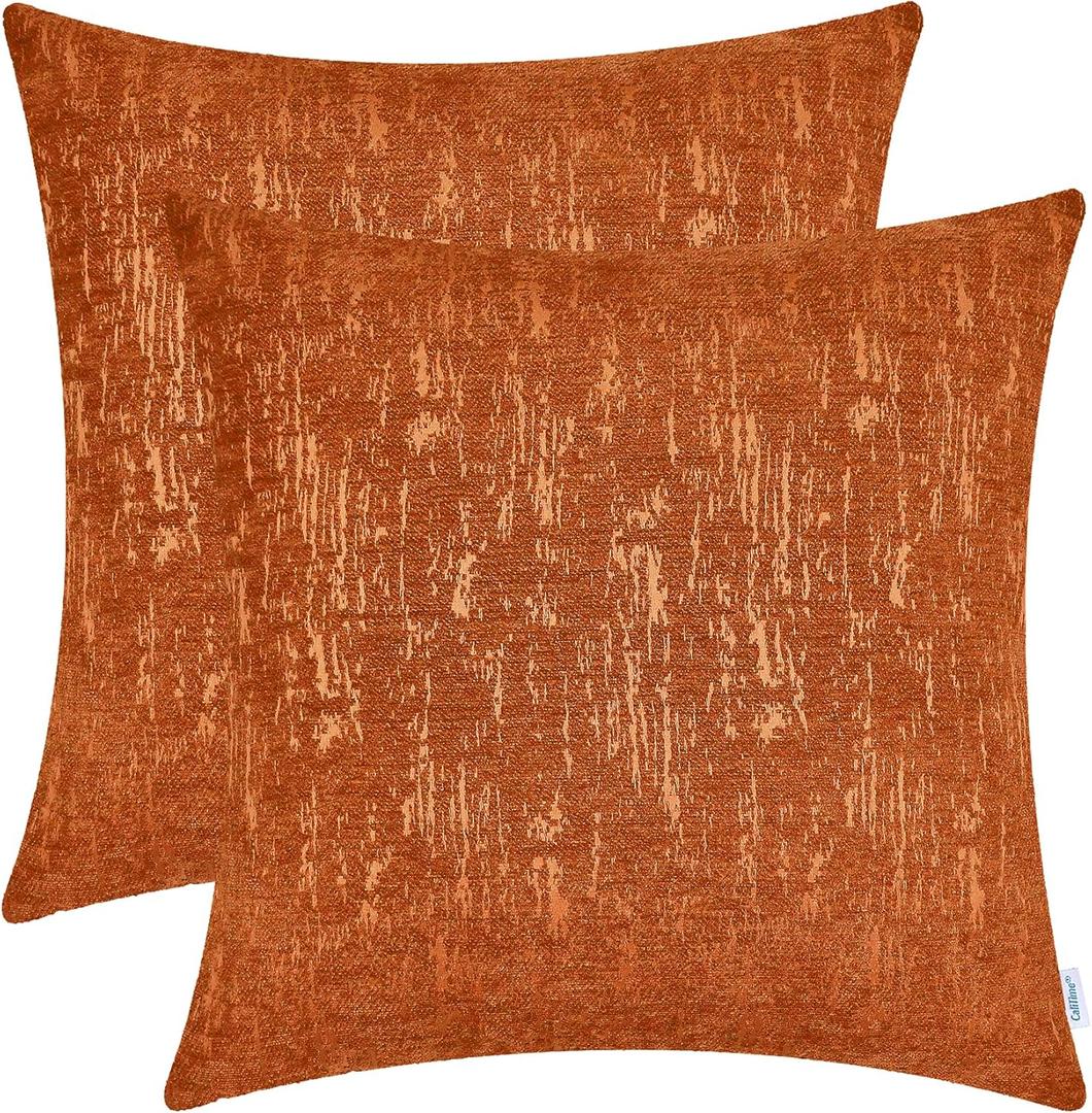 CaliTime Throw Pillow Cases Pack of 2 Marbling Jacquard Solid Dyed Super Soft Chenille Cushion Covers for Couch Sofa Home Farmhouse Decoration 18 X 18 Inches Burnt Orange