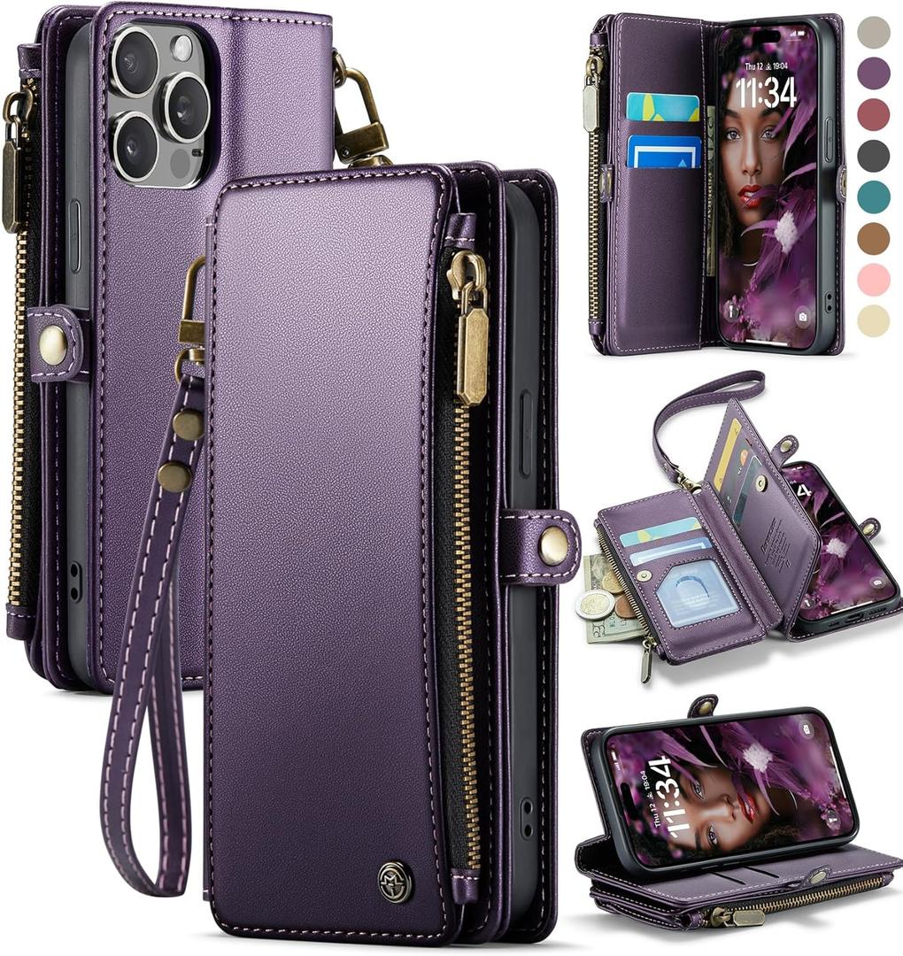 Defencase Compatible with iPhone 14 Pro Case Wallet with RFID Blocking Card Holder for Women Men, Soft PU Leather Magnetic Snap Flip Zipper Strap Wallet Phone Case Fit for iPhone 14 Pro 6.1", Purple