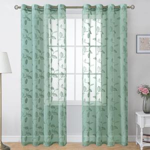 BGment Dark Green Sheer Curtains 84 Inches Long - Embroidered Leaf Pattern Light Filtering Cottage Core Botanical Semi Sheer Grommet Window Drapes for Farmhouse Living Room, 2 Panels, 52 x 84 Inch