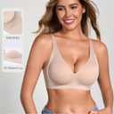 EYNMIN Sameless Wireless Bras for Women No Underwire V Neck Push Up Jelly Bra Supportive Full Coverage Comfortable Bra (Beige)