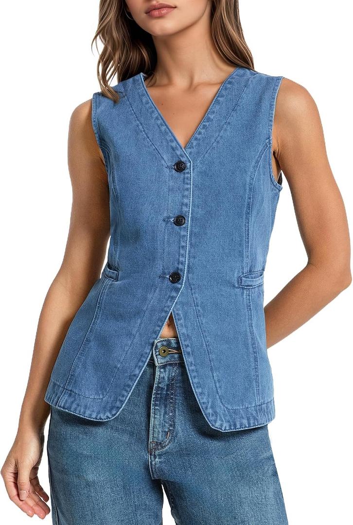Kedera Denim Vest for Women Button Down Long Jean Waistcoat Casual Sleeveless Denim Jackets Slim Fit Jean Top (Blue)Xlarge
